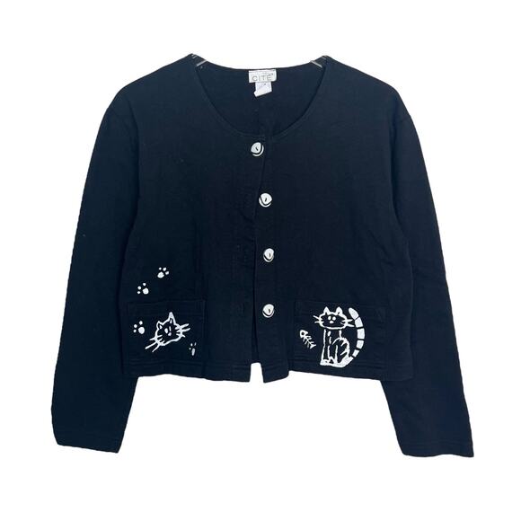 Vintage 80s Cats Cartoon Button Up Long Sleeve Cropped Layering Top Black Small - Picture 1 of 6